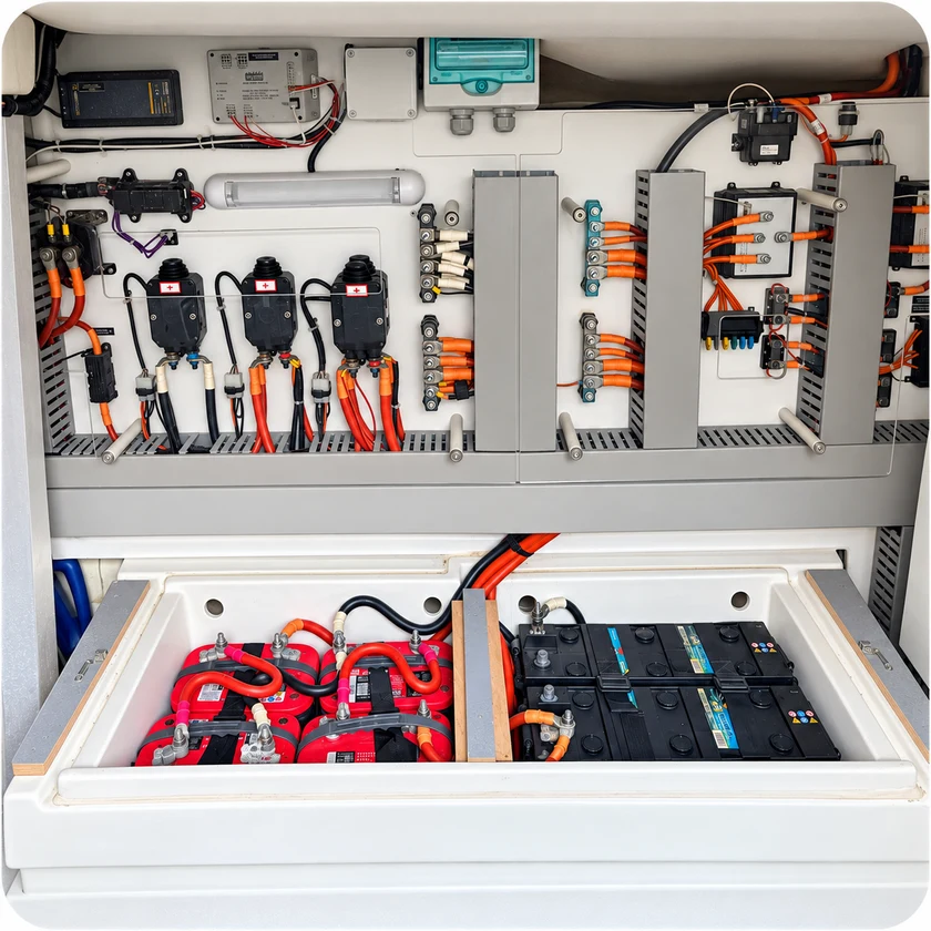 Instalación eléctrica a bordo con bancos de baterías, protecciones y cableado.