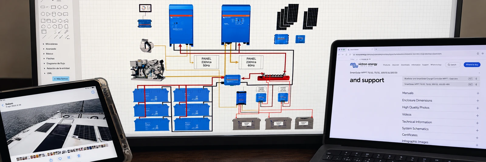 Revisión de un esquema eléctrico del barco junto a documentación técnica y fotografías de la instalación.