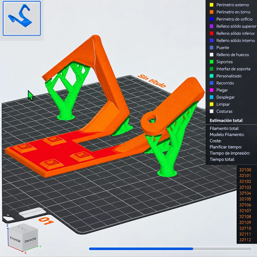 Preparación de una pieza a medida para impresión 3D, con capas y soportes visibles.