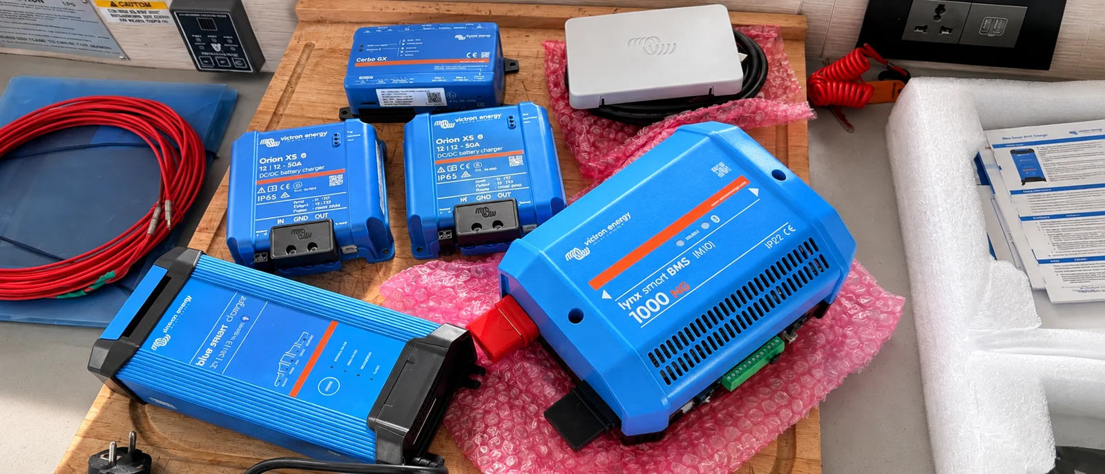 Victron Energy charging and battery management equipment, including Cerbo GX, Orion XS and Lynx Smart BMS.