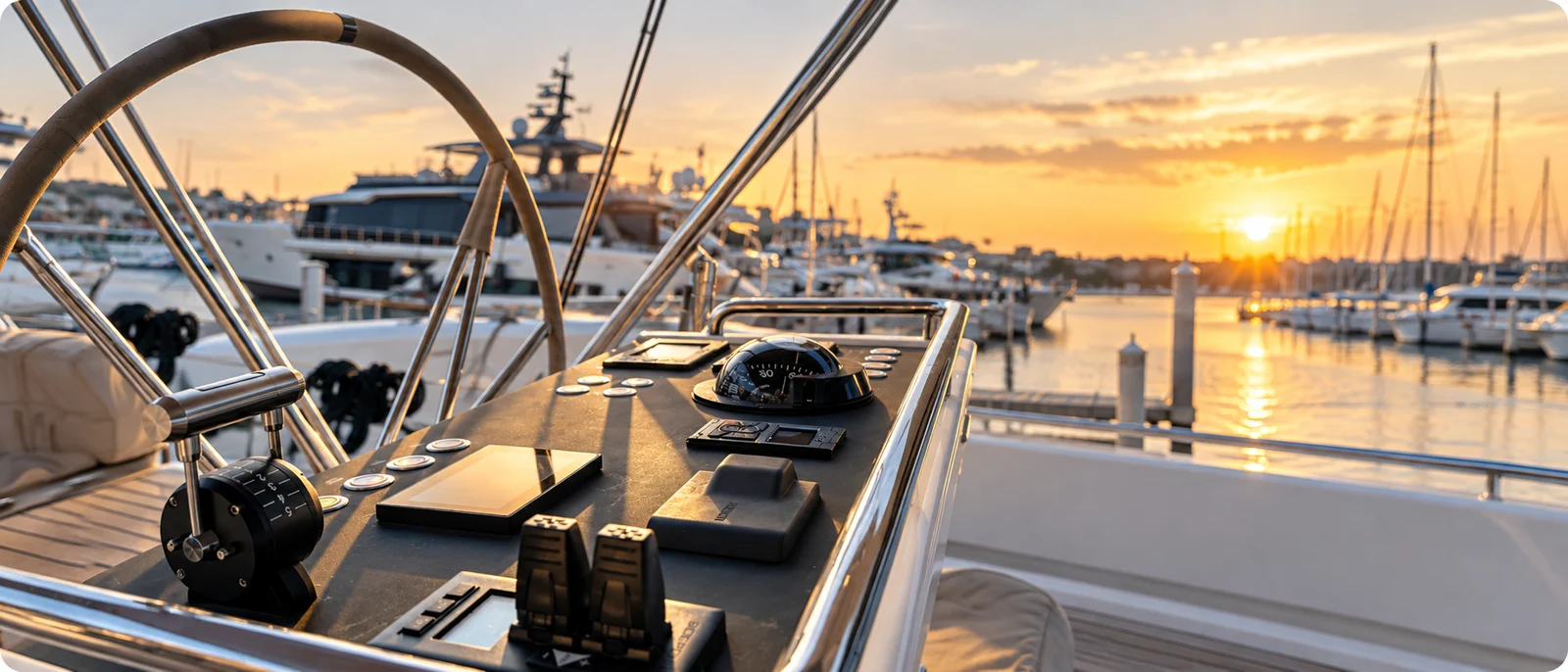 Puesto de gobierno de un velero frente a una marina al atardecer.
