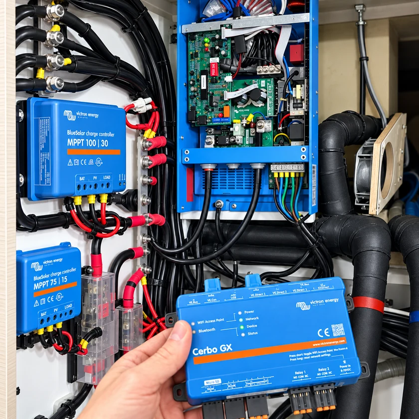 Equipos de energía Victron y unidad de monitorización Cerbo GX en una instalación a bordo.