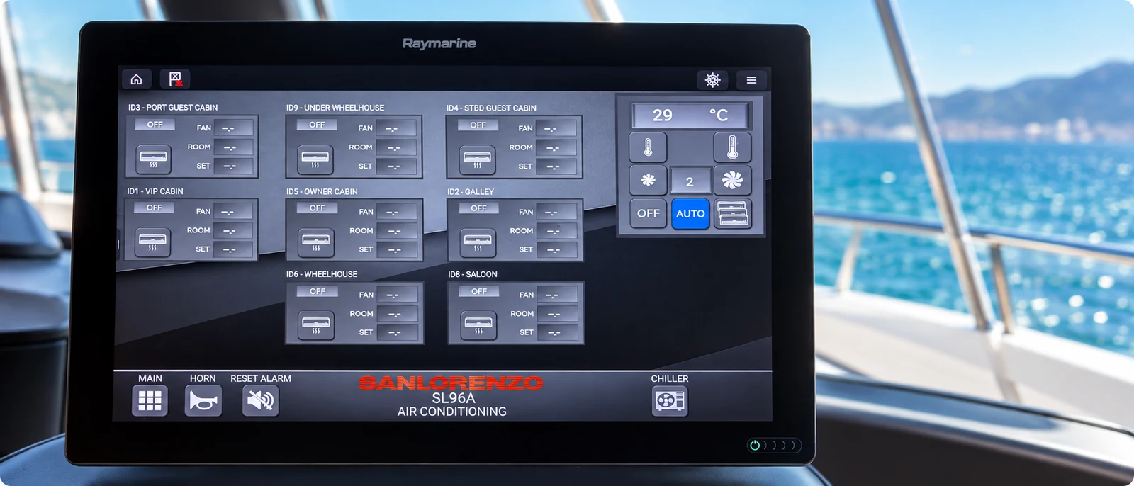 Integrated yacht air conditioning control display.