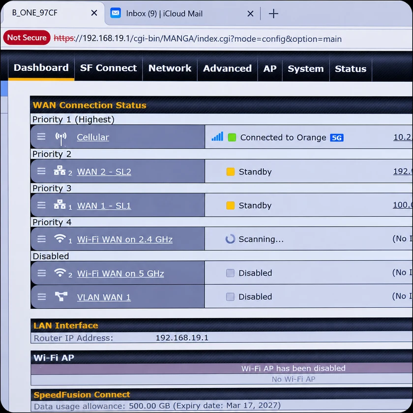 Panel de gestión de conexiones de red, con enlace móvil 5G y prioridades WAN.