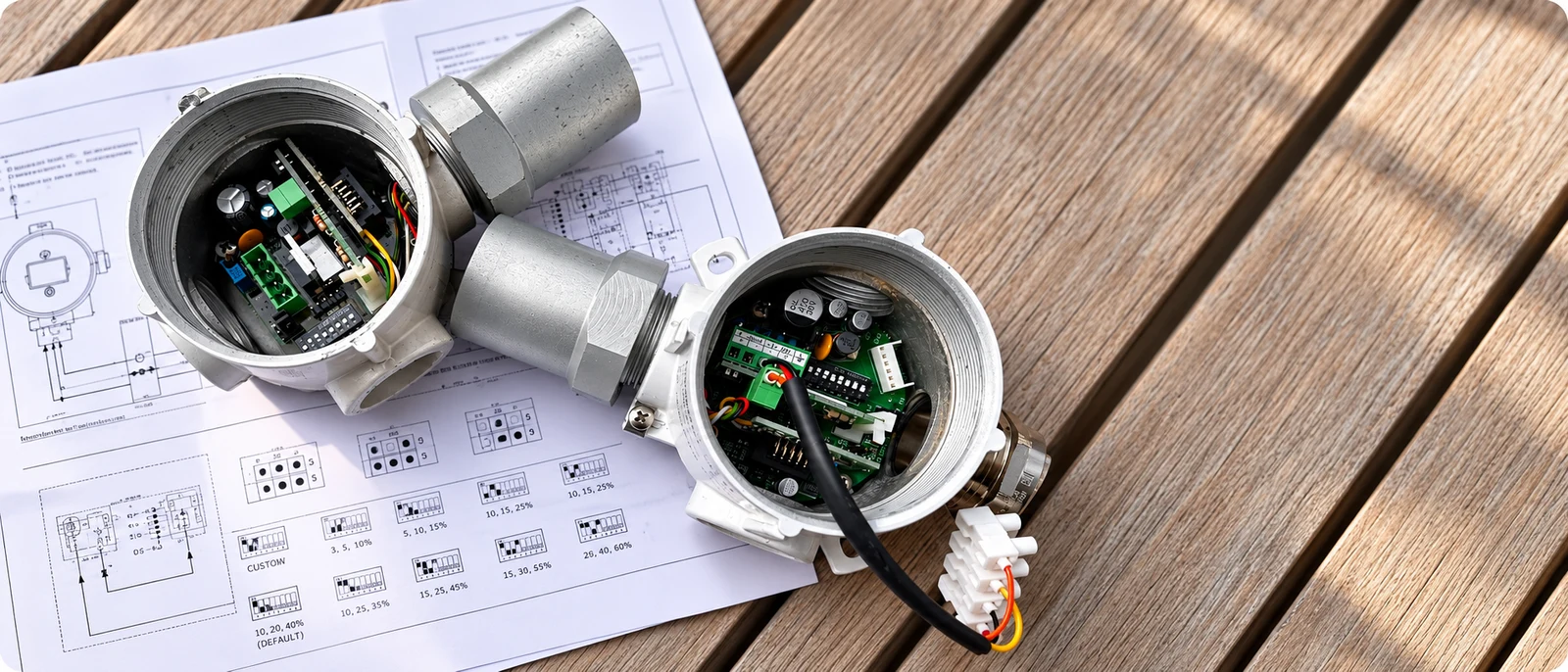 Equipos electrónicos abiertos sobre esquemas técnicos en una cubierta de madera.